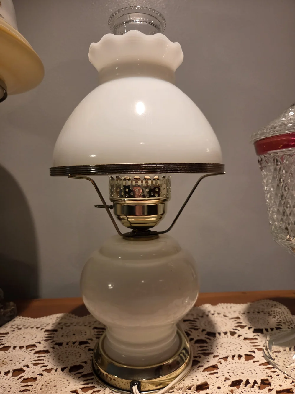 Vintage Hurricane Lamp Milk Glass Hand-Painted Blue Roses Cottage Grandma